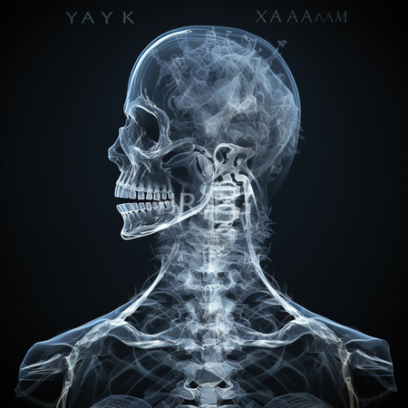 High Resolution: Ethereal translucent human skeleton in profile against a dark background revealing intricate bone details like vertebrae and ribcage download. | HRJPG.com