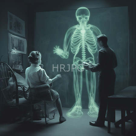 High Resolution: Illustration of two scientists observing an ethereal green glowing skeleton projection on a chalkboard in a dim-lit laboratory download. | HRJPG.com