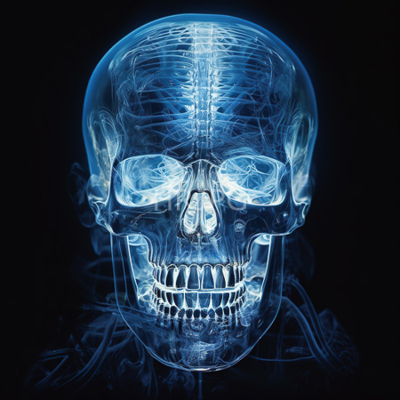 High Resolution: Illuminated human skull against a black background showcasing detailed bone structure and teeth with glowing blue hues download. | HRJPG.com
