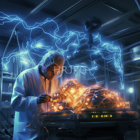 High Resolution: Asian male scientist in lab coat and hood examining glowing orange humanoid figures on a metallic table in a futuristic laboratory download. | HRJPG.com