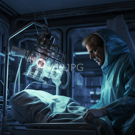 High Resolution: Older man in surgical gloves and protective suit adjusting white sheets on a hospital bed with bluish-white medical lights download. | HRJPG.com