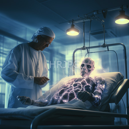 High Resolution: African male doctor in scrubs standing beside a hospital bed with glowing purple electrical lines covering a skeletal humanoid patient download. | HRJPG.com