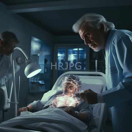 High Resolution: Elderly white male surgeon with a beard standing beside a patient in bed under bright lights with a nurse holding equipment download. | HRJPG.com