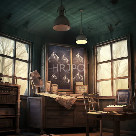 High Resolution: Old dim-lit room with green wooden walls two large windows showing bare trees and a dresser holding bird sketches download. | HRJPG.com