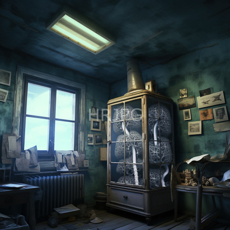 High Resolution: Eerie dim-lit room with teal walls and wooden floorboards features a large glass-fronted cabinet displaying intricate white patterns download. | HRJPG.com