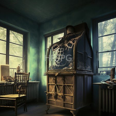 High Resolution: Eerie dim-lit room with teal walls and large windows features a vintage birdcage containing a skeletal creature download. | HRJPG.com