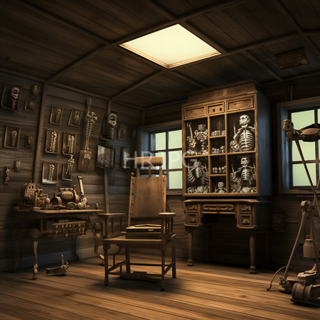 High Resolution: Old wooden study with dim lighting featuring skeletal displays in glass cabinets and various medical tools download. | HRJPG.com