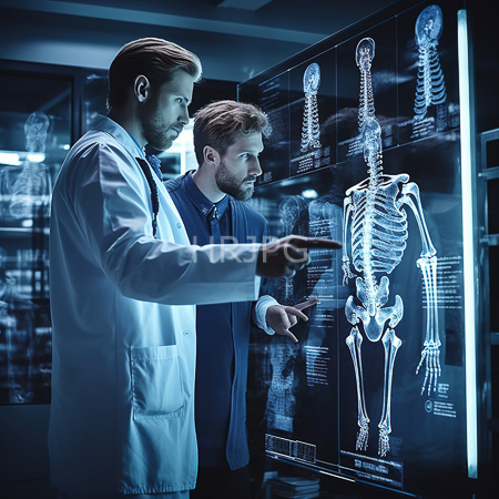 High Resolution: Two men in a medical lab with blue lighting one pointing at skeletal X-rays displayed on glass panels download. | HRJPG.com