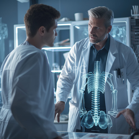 High Resolution: Two male doctors in lab coats standing in an illuminated medical laboratory one showing a glowing skeletal X-ray on his chest download. | HRJPG.com
