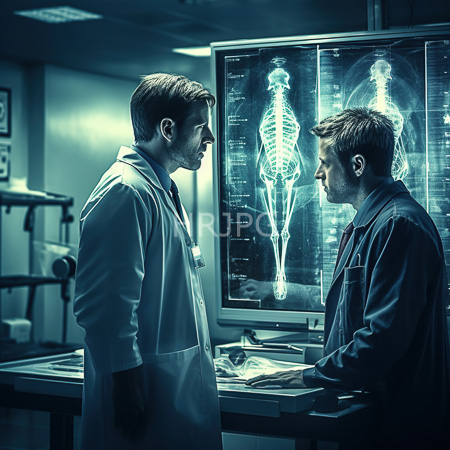 High Resolution: Two male doctors in lab coats standing facing each other in an illuminated medical laboratory with X-rays on a computer screen download. | HRJPG.com