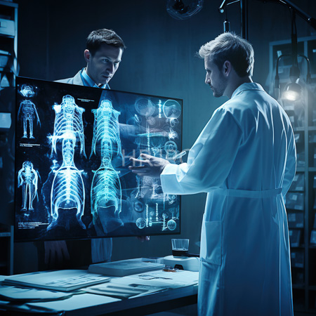 High Resolution: Two male doctors in lab coats stand before an illuminated medical display showing skeletal X-rays on two screens download. | HRJPG.com
