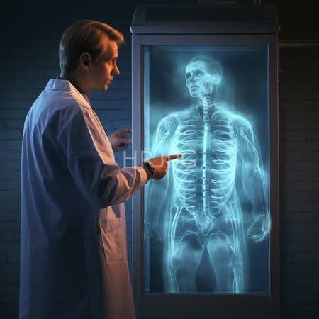 High Resolution: Older Caucasian male doctor wearing a lab coat pointing at a glowing blue holographic skeleton displayed inside a glass cabinet download. | HRJPG.com