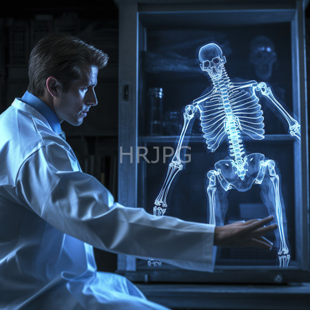 High Resolution: Caucasian male scientist examining a glowing skeletal X-ray displayed in a glass cabinet under bluish lighting download. | HRJPG.com