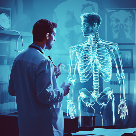 High Resolution: Anatomical study room featuring a male doctor facing a glowing blue skeletal hologram on a table and holding a stethoscope download. | HRJPG.com