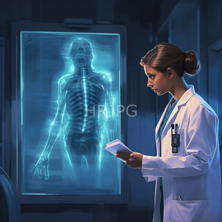 High Resolution: Asian female doctor with brown hair wearing a lab coat looking at a glowing blue holographic skeleton display on a screen download. | HRJPG.com