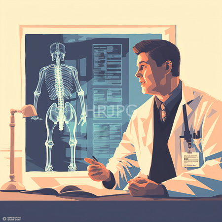 High Resolution: Earnest male doctor wearing a lab coat and black tie pointing at X-ray images on his computer screen displaying skeletal anatomy download. | HRJPG.com