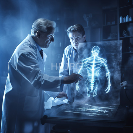High Resolution: Elderly male scientist with glasses pointing at a glowing skeletal X-ray on a table in a dim blue-lit laboratory download. | HRJPG.com