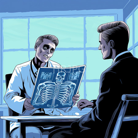 High Resolution: Comic-style illustration depicting two men in an office one holding a skeleton X-ray book while seated at a table download. | HRJPG.com