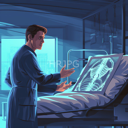 High Resolution: Intense blue-lit medical room featuring a young man in dark surgical scrubs standing beside a hospital bed displaying X-rays download. | HRJPG.com