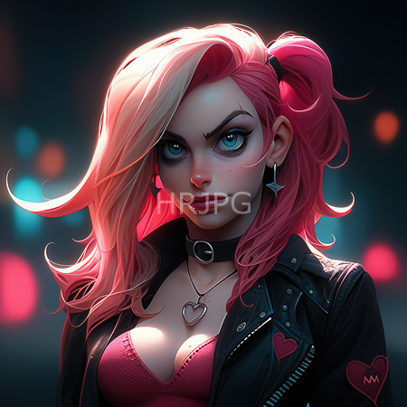 High Resolution: Attractive young woman with pink and blonde hair in pigtails wearing a black leather jacket adorned with heart patches download. | HRJPG.com