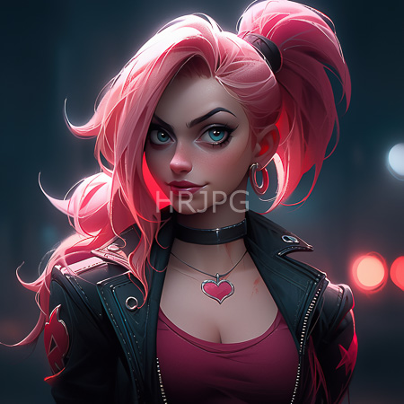 High Resolution: Attractive young woman with pink hair in high pigtails and green eyes wearing a black leather jacket adorned with red stars download. | HRJPG.com