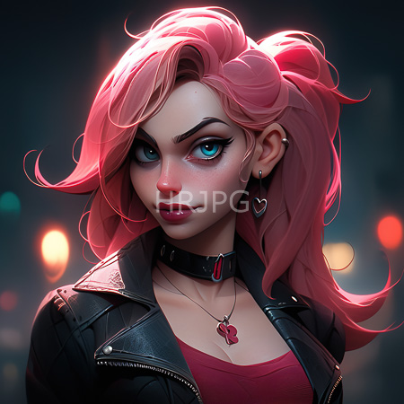 High Resolution: Attractive young woman with pink hair and blue eyes wears a black leather jacket over a red top against blurred city lights download. | HRJPG.com