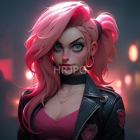 High Resolution: Anime-style woman with pink hair in pigtails wearing a quilted leather jacket adorned with skull patches over her top download. | HRJPG.com