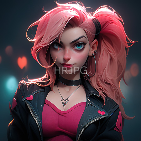 High Resolution: Anime-style young woman with pink hair in pigtails and striking blue eyes wears a black leather jacket with heart patches download. | HRJPG.com