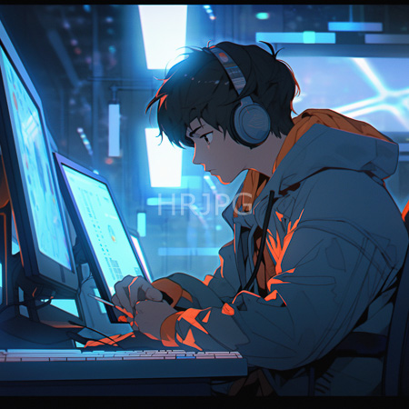 High Resolution: Anime-style androgynous young person with short dark hair wearing large headphones and working at computer screens in a futuristic room download. | HRJPG.com