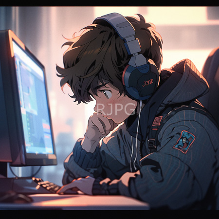High Resolution: Anime-style androgynous young person with tousled brown hair wearing blue headphones and intently working on their computer download. | HRJPG.com