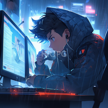 High Resolution: Anime-style young man with dark tousled hair sitting at his desk in front of two monitors during heavy rain outside download. | HRJPG.com
