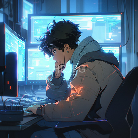 High Resolution: Anime-style androgynous young person with messy black hair sitting in front of multiple glowing computer monitors emitting blue light download. | HRJPG.com
