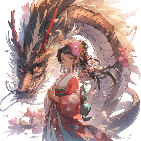 High Resolution: East Asian woman with long black hair adorned in a floral kimono stands beside a majestic dragon wrapped around her download. | HRJPG.com