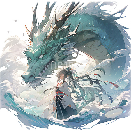 High Resolution: East Asian woman with long flowing teal hair and traditional white kimono top stands beside a majestic turquoise dragon amidst swirling water download. | HRJPG.com