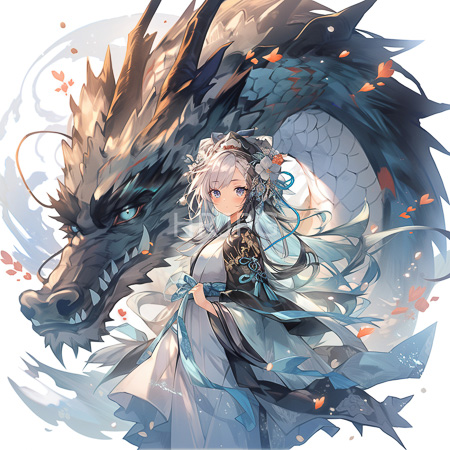 High Resolution: Anime-style ethereal silver-haired woman in white and black robes stands beside a majestic dragon with dark scales download. | HRJPG.com