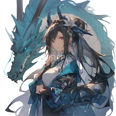 High Resolution: Anime-style attractive young woman with long black hair wears traditional Japanese attire standing in front of a large turquoise dragon download. | HRJPG.com