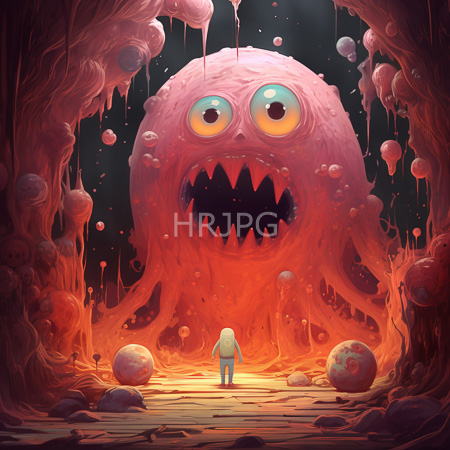 High Resolution: Eerie cave with dripping gooey textures in red and orange hues features a large pink monster-like creature with wide eyes download. | HRJPG.com