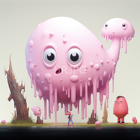 High Resolution: Enormous pink slime creature with large eyes and drooping drips stands in front of barren trees with smaller versions nearby download. | HRJPG.com