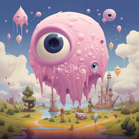 High Resolution: Surreal landscape featuring an enormous pink gooey eyeball floating above green hills and rivers with whimsical trees and hot air balloons download. | HRJPG.com