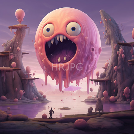 High Resolution: Enormous pink gelatinous creature with wide eyes hovers above a surreal landscape of rocky islands covered in gooey blobs at sunset download. | HRJPG.com