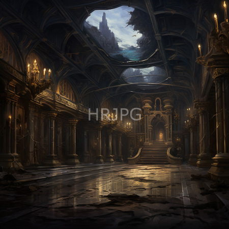 High Resolution: Ornate dark Gothic-style hall with arched ceilings columns adorned in gold accents and a wet marble floor reflecting candlelight download. | HRJPG.com