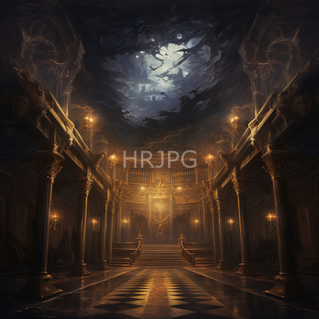 High Resolution: Opulent dim-lit grand hall with ornate golden columns and checkered marble floor leading to illuminated stairs at the back download. | HRJPG.com
