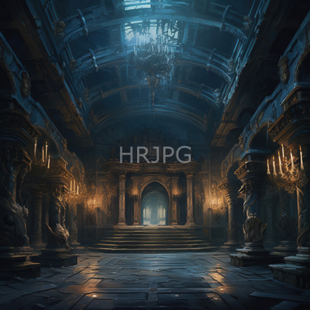 High Resolution: Ornate dimly-lit ancient temple interior with intricate stone carvings and columns adorned by lit candles on both sides download. | HRJPG.com