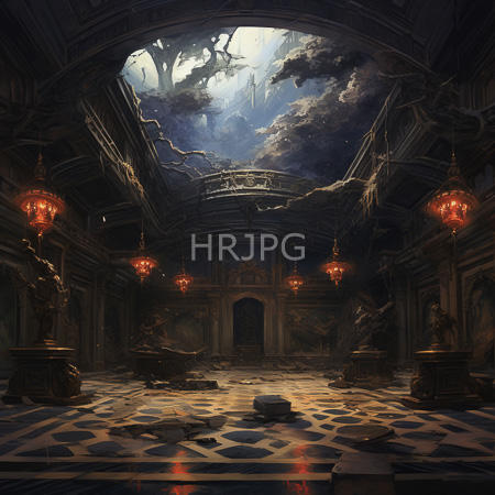 High Resolution: Ornate dilapidated hall with cracked ceilings dark blue walls adorned by classical statues under red lanterns download. | HRJPG.com