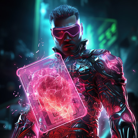High Resolution: Muscular dark-skinned man with mustache wearing neon pink visor glasses and futuristic metallic armor glowing red-pink download. | HRJPG.com