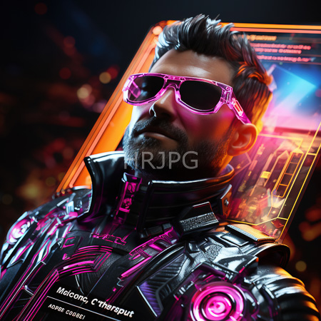 High Resolution: Bearded man wearing neon pink sunglasses and futuristic black armor adorned in glowing purple circuit patterns against a holographic screen download. | HRJPG.com