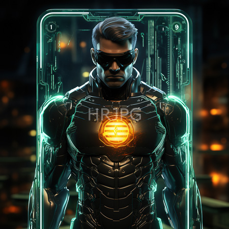 High Resolution: Armored muscular man with short brown hair and dark sunglasses stands in front of a glowing neon green frame against a blurred cityscape download. | HRJPG.com