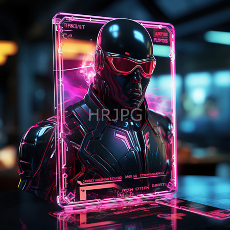 High Resolution: Iron Man in futuristic black armor with glowing pink neon accents and a red visor within an illuminated holographic frame download. | HRJPG.com