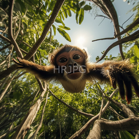 High Resolution: Adorable wide-eyed baby monkey with brown and white fur hanging from tree branches in dense green foliage under bright sunlight download. | HRJPG.com