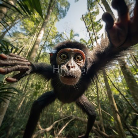 High Resolution: Expressive wide-eyed young chimpanzee with dark fur reaching towards the camera in a dense jungle with filtered sunlight download. | HRJPG.com